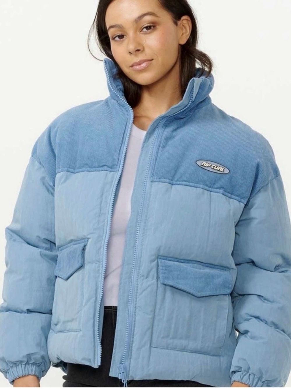 NWT Rip Curl High Tide Light Blue Corduroy Puffer Coat Jacket Sz M Surfer Beach